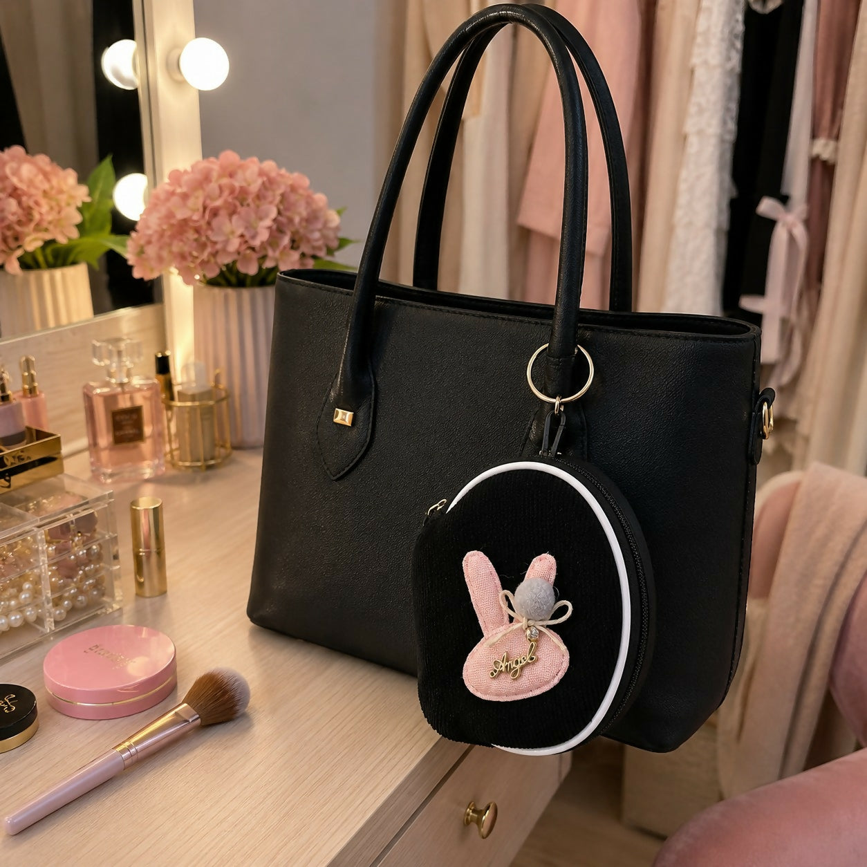 Close-up of bunny patch on mini coin pouch