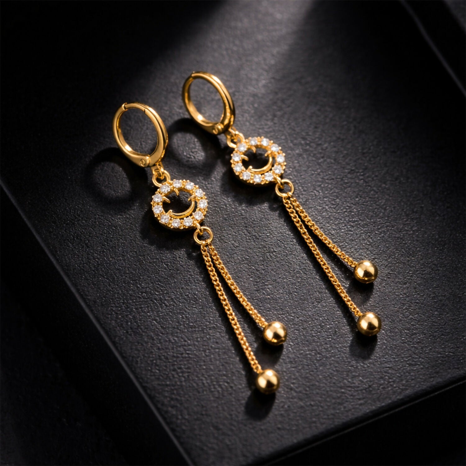Gold-Tone Smiley Crystal Circle Tassel Drop Earrings for Women