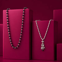 Silver-Tone Trishul Damru Pendant with Black Bead Chain Set