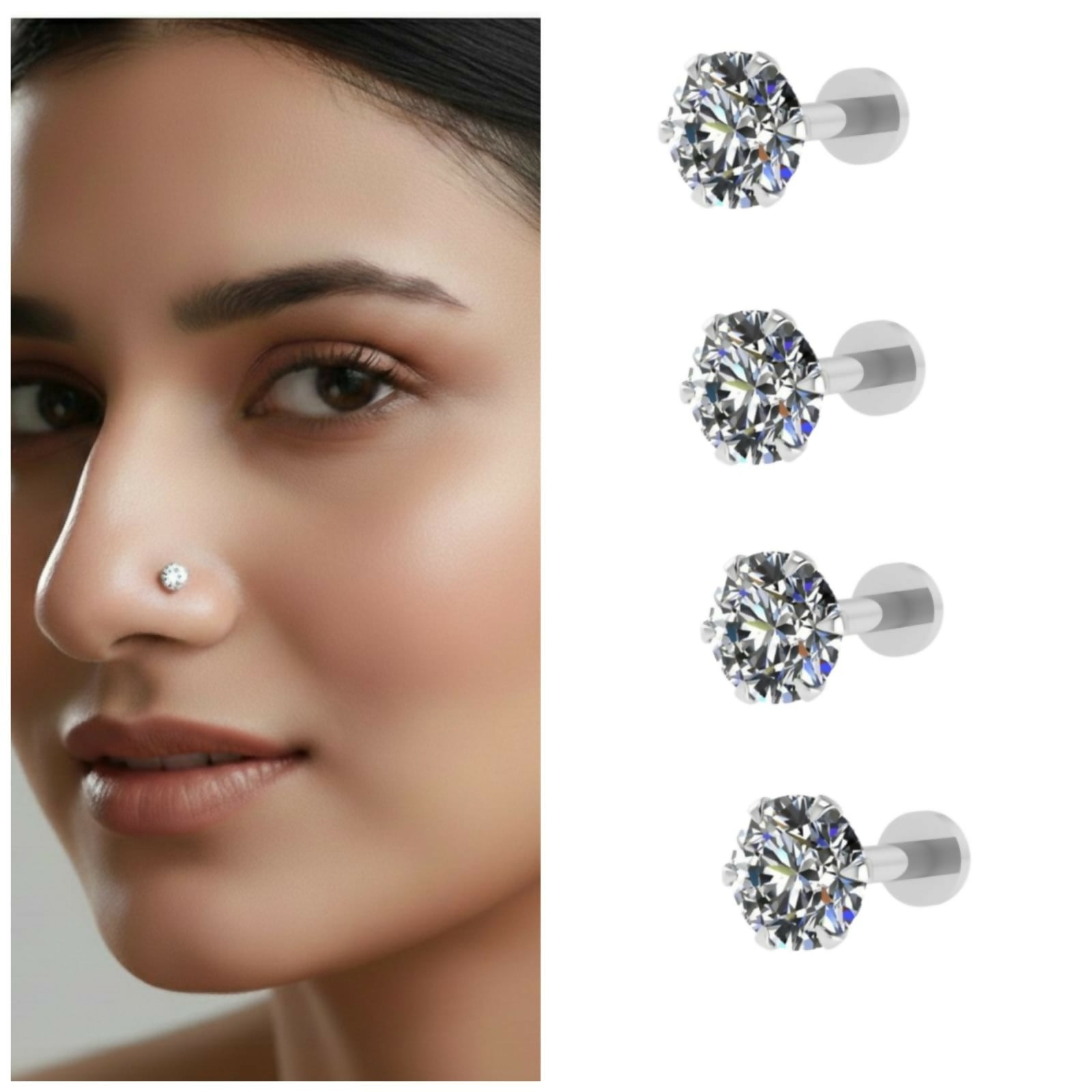 Sparkling AD Nosepin Stud Flat Back Piercing for women and girls Combo Pack of 4