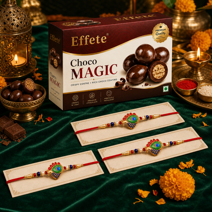 Peacock Feather Eye Rakhi with Choco Magic, Pack of 3