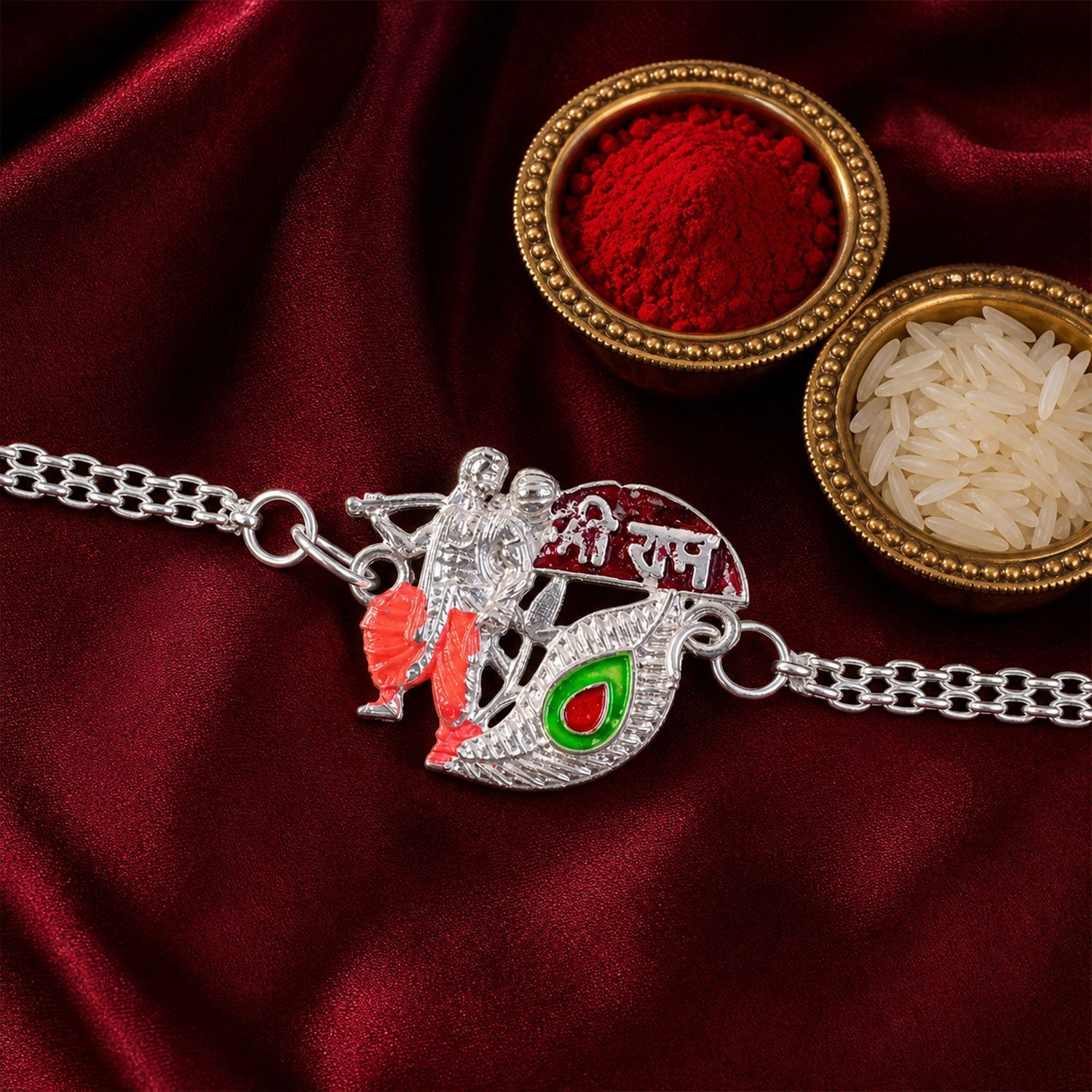 Devotional Morpankh Enamel Silver Chain Rakhi (5pcs)