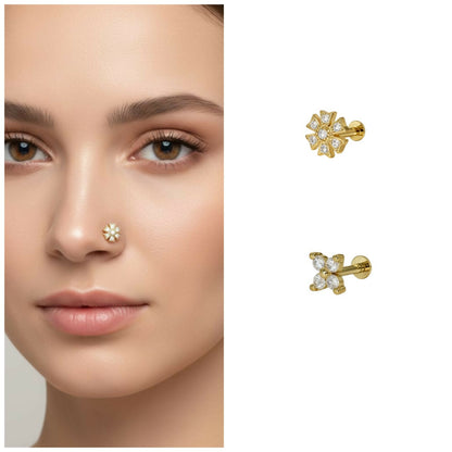 Gold plated floral nosepin stud with crystal embellishments, flat-back design