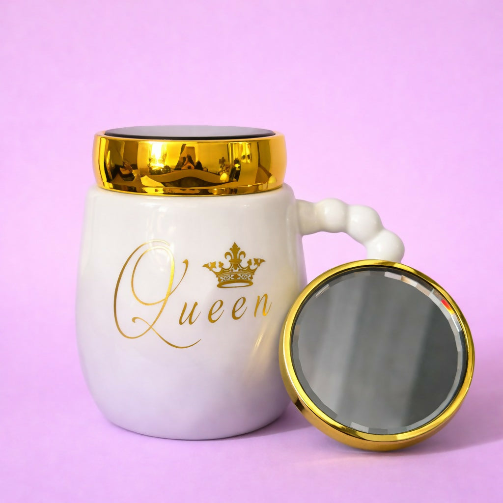 Queen Ceramic Mug with Lid & Beaded Handle Coffee Cup