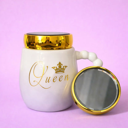 Queen Ceramic Mug with Lid & Beaded Handle Coffee Cup
