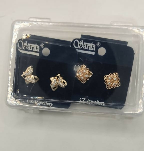 2 Pair Gold-Plated AD Stud Earrings: Butterfly & Floral Design for women and girls