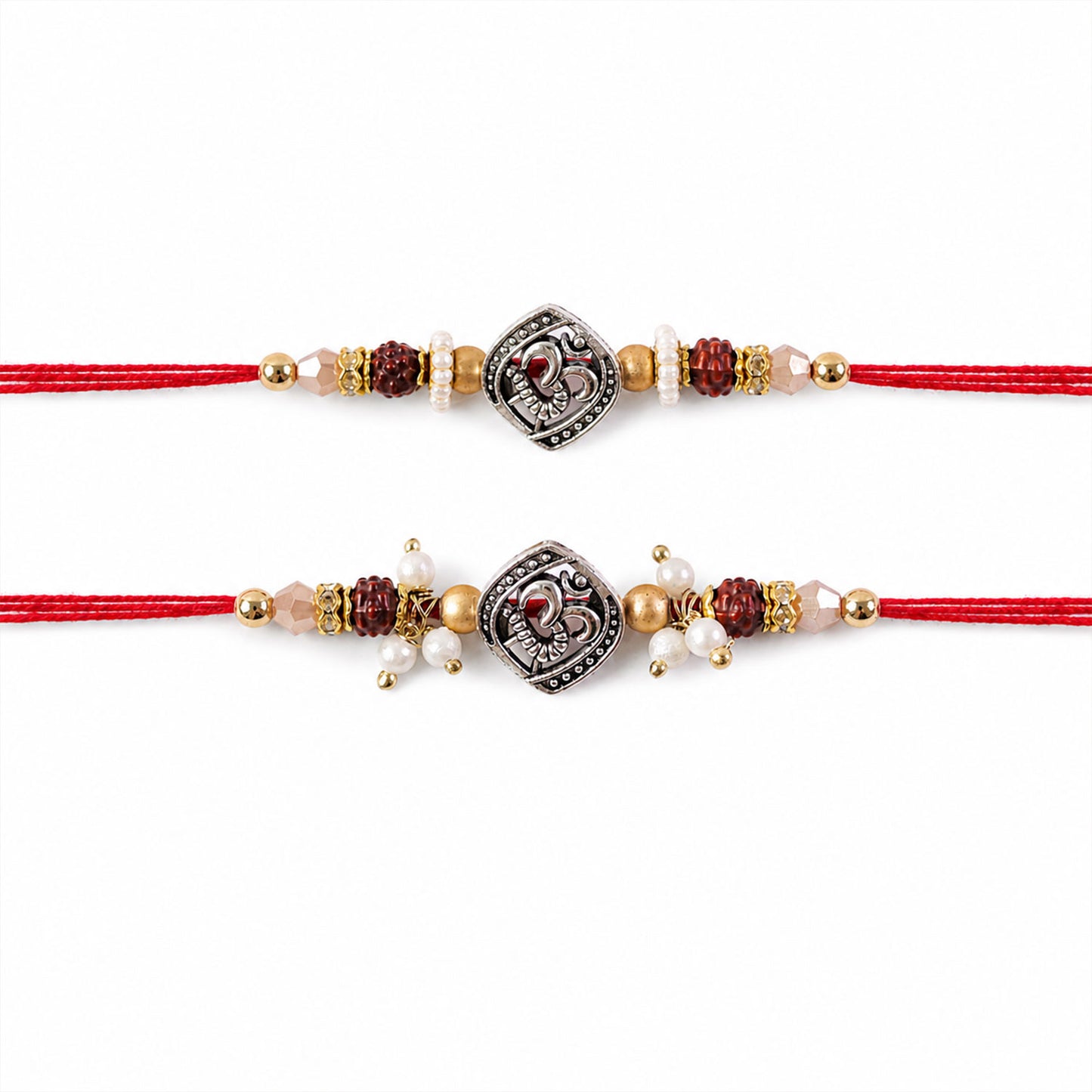 Om Face Designer Rakhi Set for Brother & Couple Rakhi with Pearl Beads and Red Thread