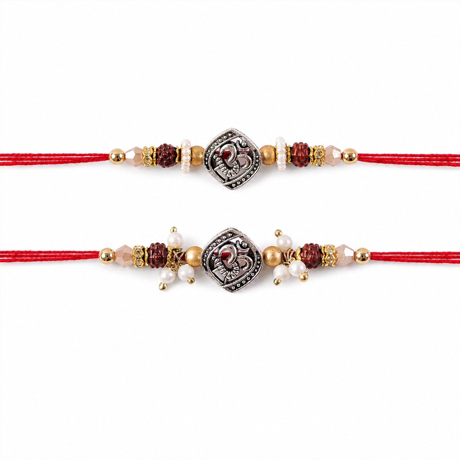Om Face Designer Rakhi Set for Brother & Couple Rakhi with Pearl Beads and Red Thread