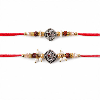 Om Face Designer Rakhi Set for Brother & Couple Rakhi with Pearl Beads and Red Thread