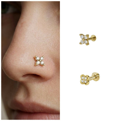 Gold plated flower nosepin stud with sparkling cubic zirconia in flat back design