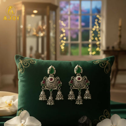 Premium Oxidised Silver Chandbali Jhumka Earrings with Green Stone