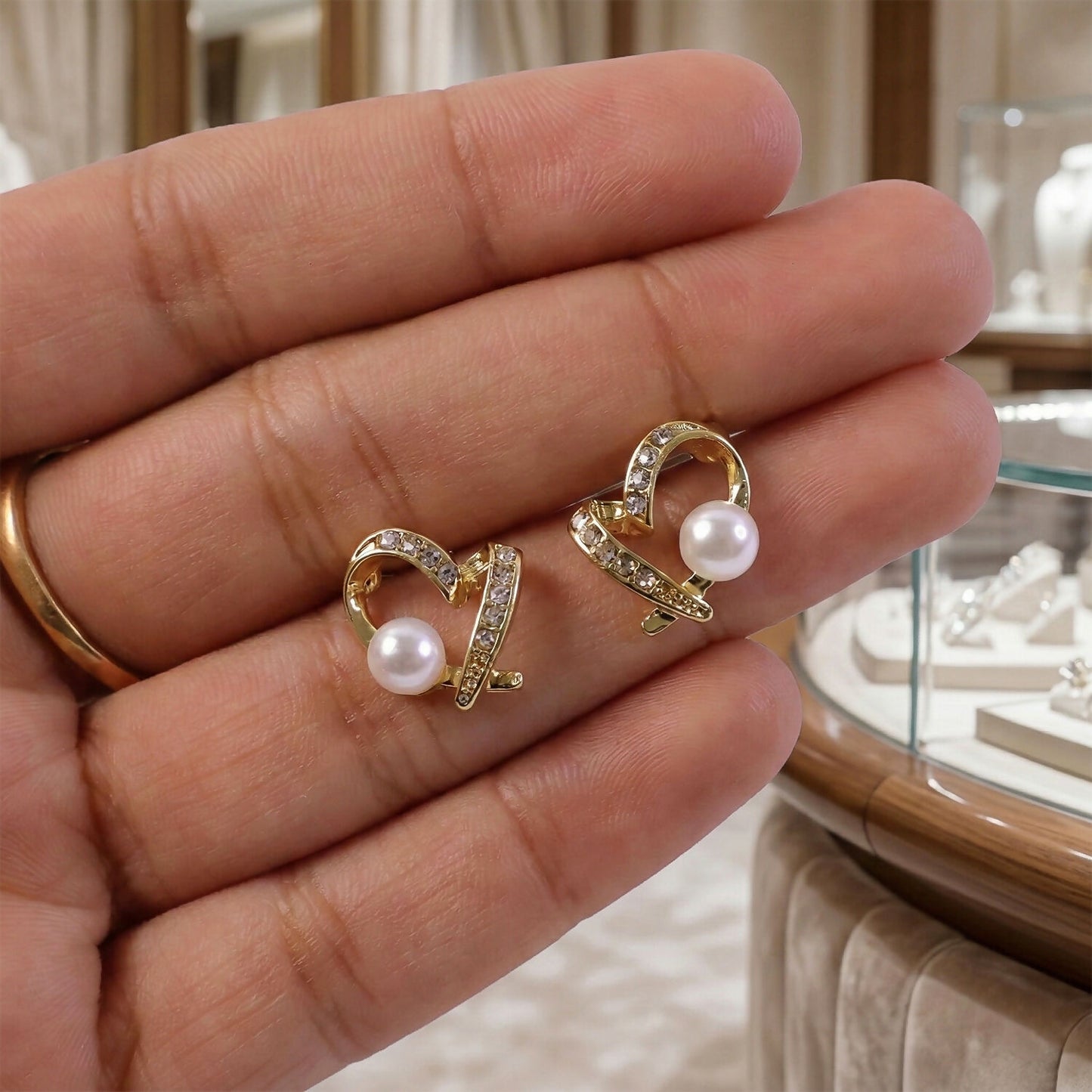 Elegant Pearl & Crystal Heart Design Stud Earrings for Women