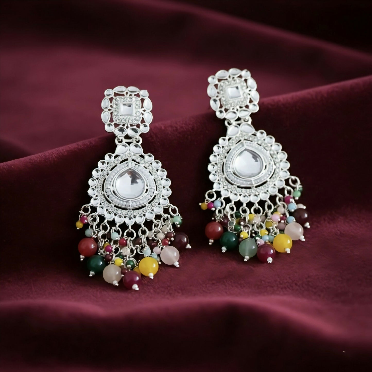 Oxidized Silver Chandbalis with Multi-Color Bead Drops earrings