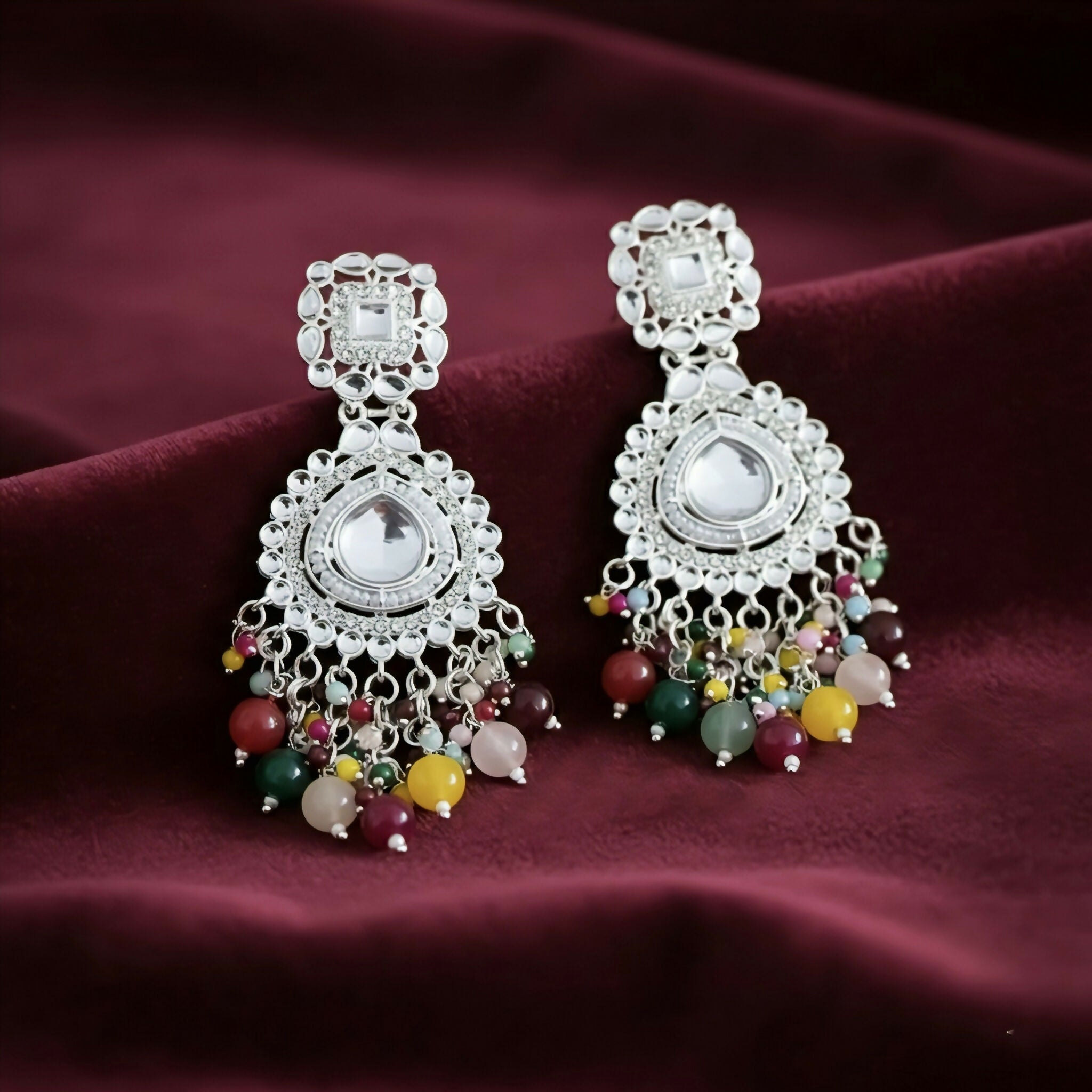 Oxidized Silver Chandbalis with Multi-Color Bead Drops