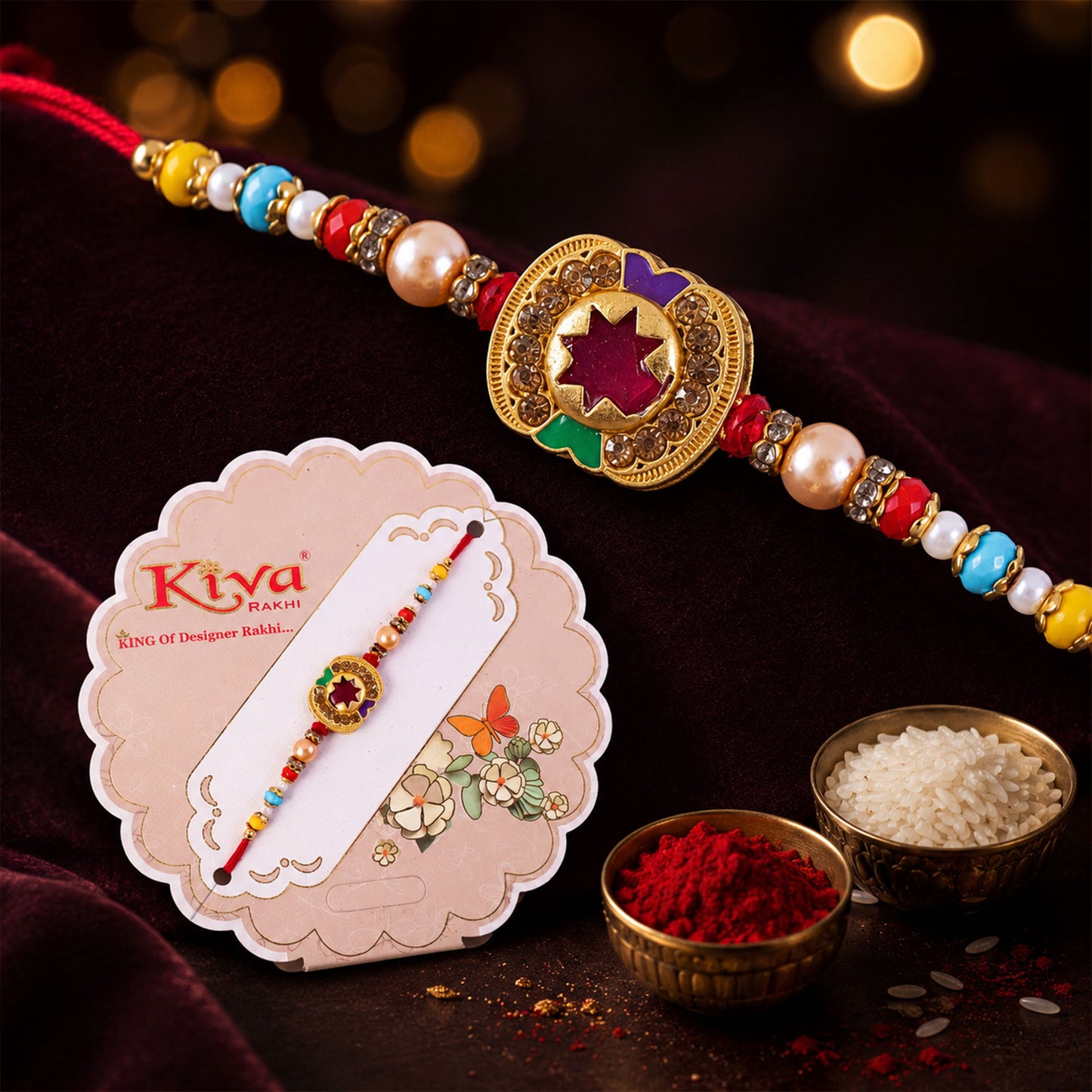 Magenta Star Floral Meenakari Rakhi for Brother with Pearl Beads Gift