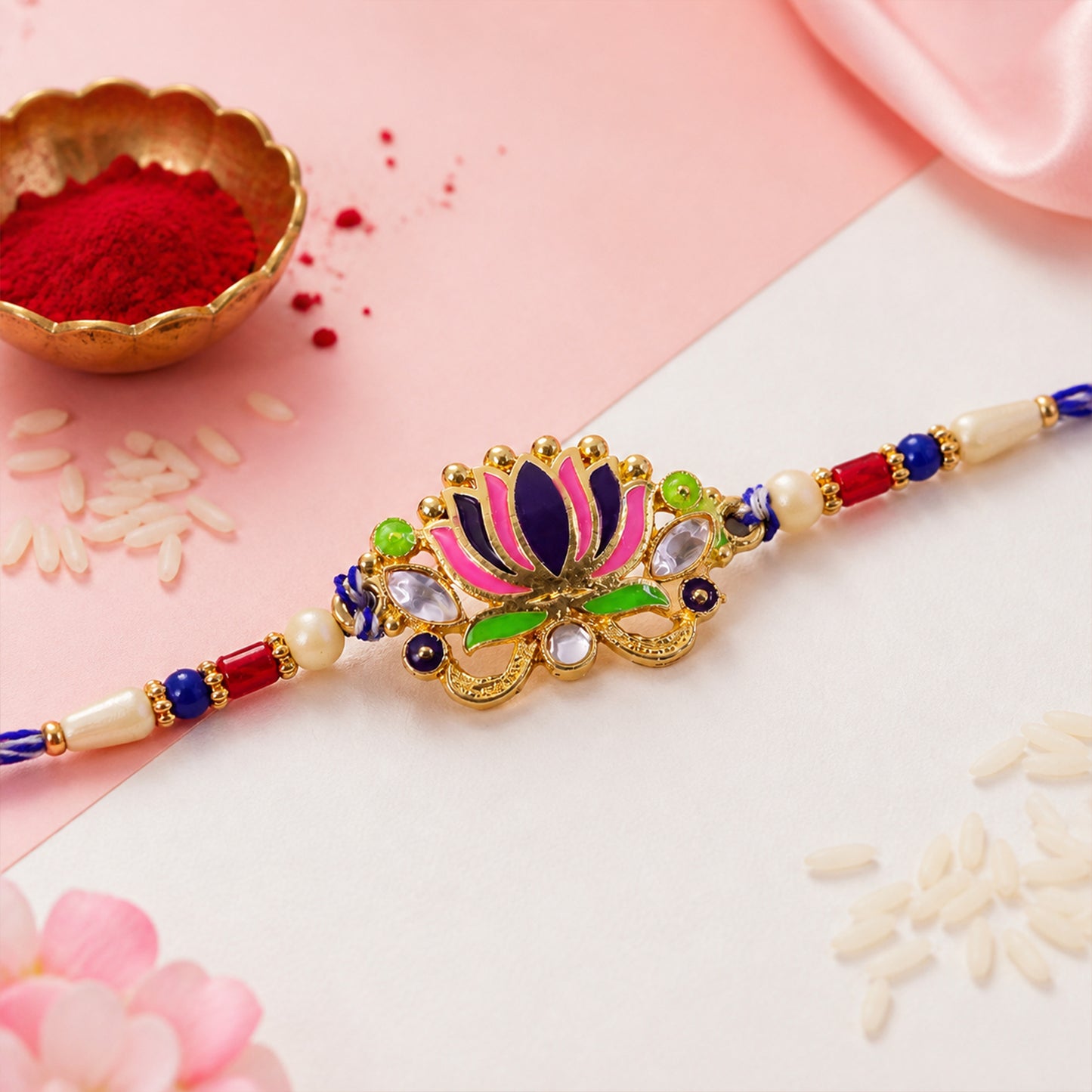 Lotus Flower Enamel Pendant Rakhi with Navy Pearl Beads