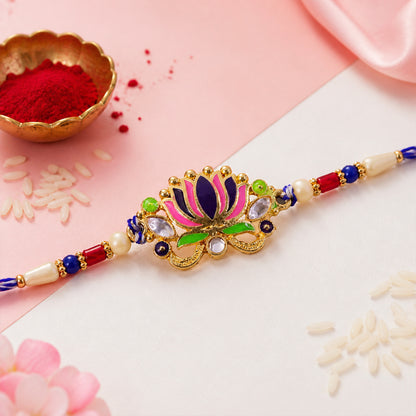 Lotus Flower Enamel Pendant Rakhi with Navy Pearl Beads