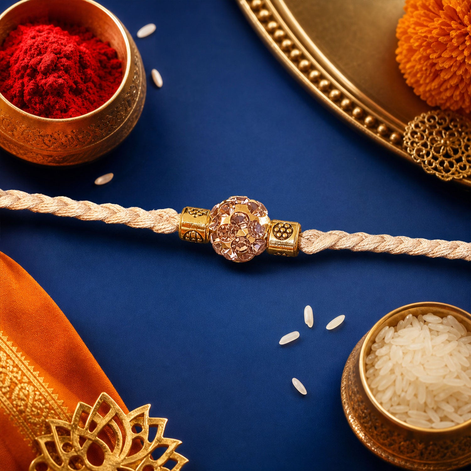 Cream Cord Rakhi with a Sparkling Floral Crystal Stone Pendant