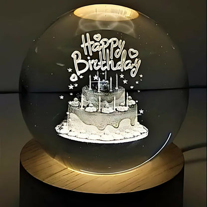 3D Crystal Ball Birthday LED Lamp with Wooden Base & Warm Light