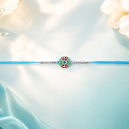 Blue Thread Rakhi with Multicolor Center and Fine Silver Chain
