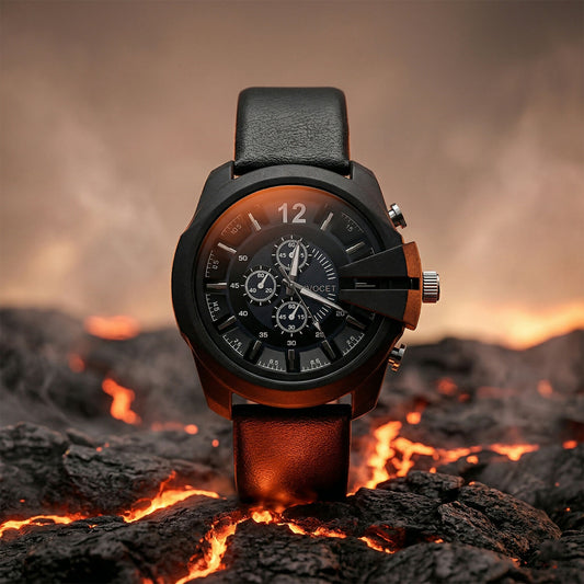 Bold Black Multi-Dial Chronograph Style Analog Wrist Watch with Protective Crown Guard & Leather Strap for Men