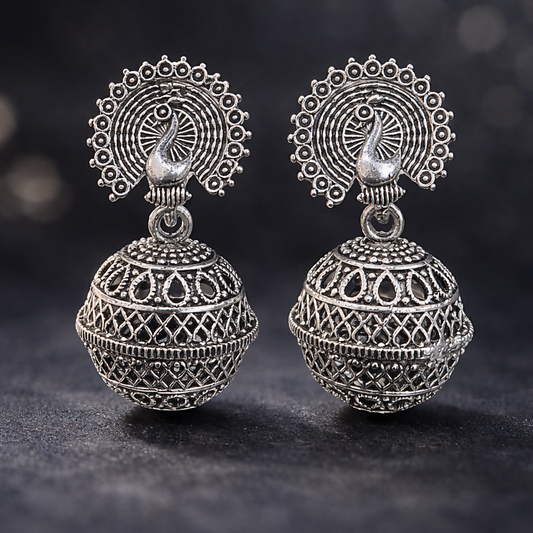 Elegant Oxidised Silver Jhumka Earrings