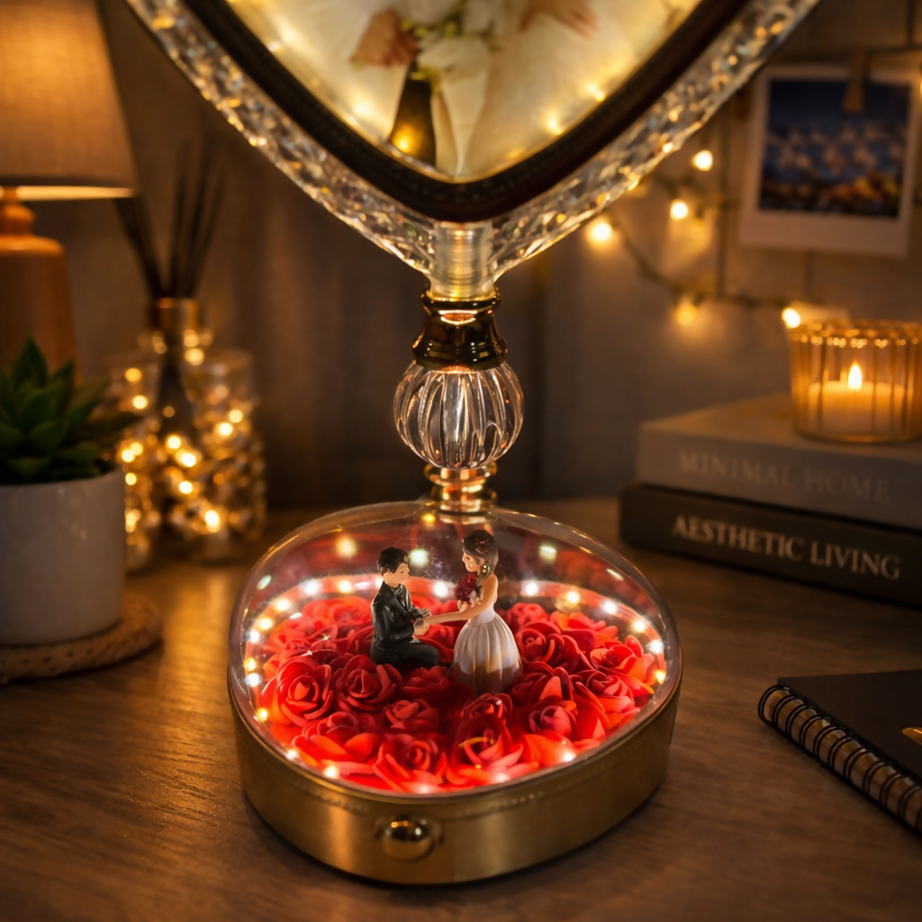 Heart Shape LED Photo Frame Lamp with Rose Dome Base Light