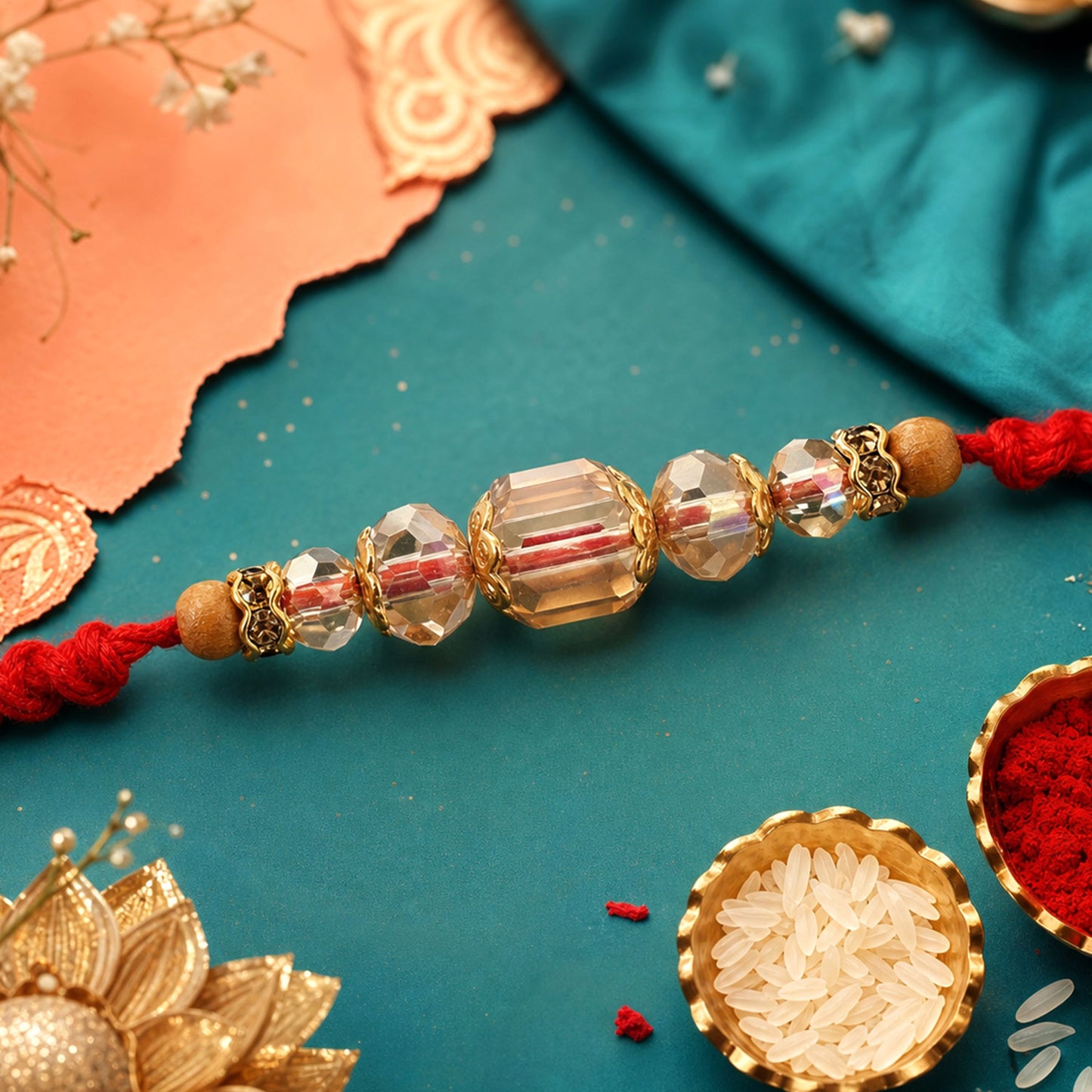 Red Thread Rakhi with Champagne Crystal Beads and Golden Accents