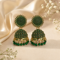 Green Gold-Tone Jhumka Earrings for Women – Traditional Designer Ethnic Jewellery