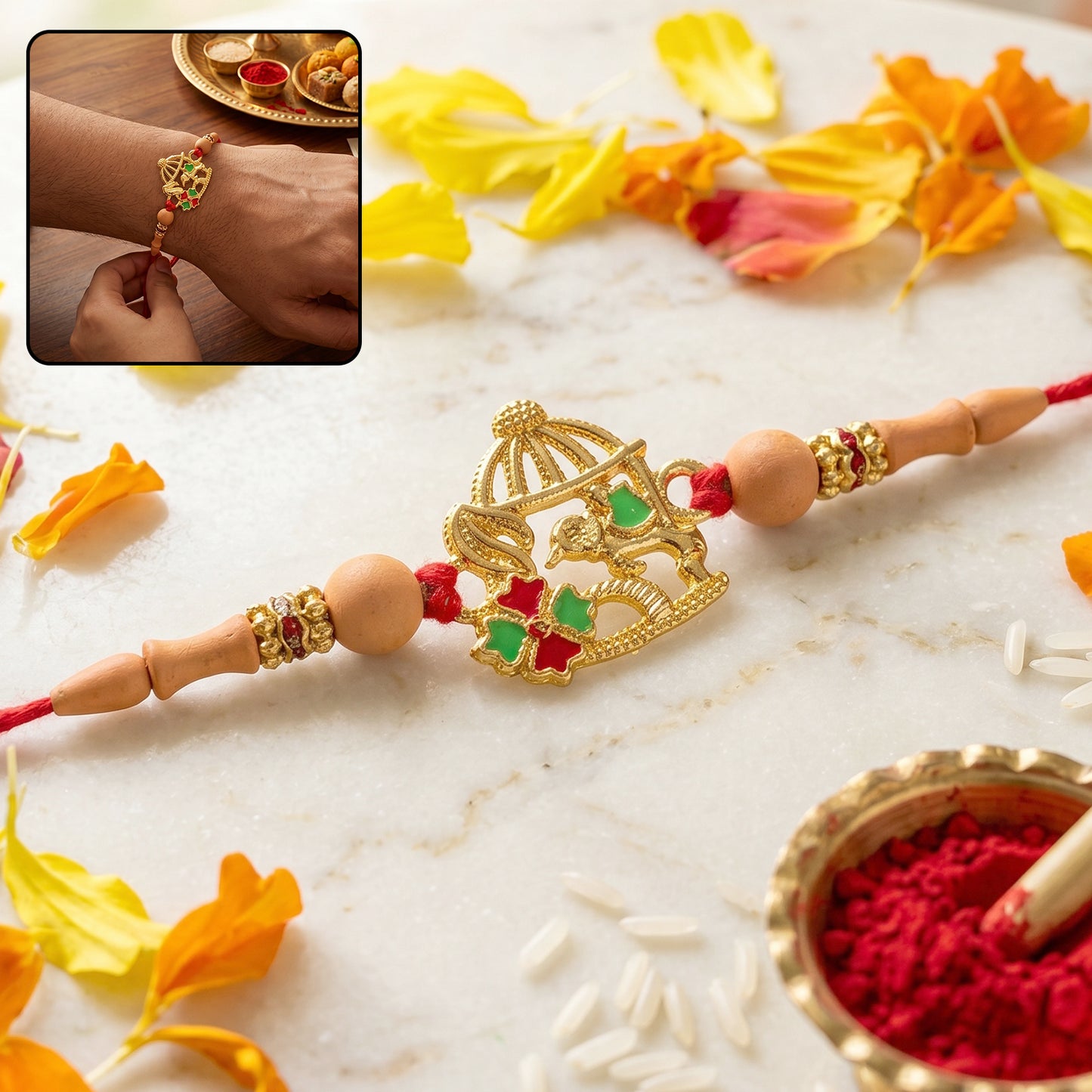 Golden Bow and Arrow Rakhi for Boys with Red Thread and Beads