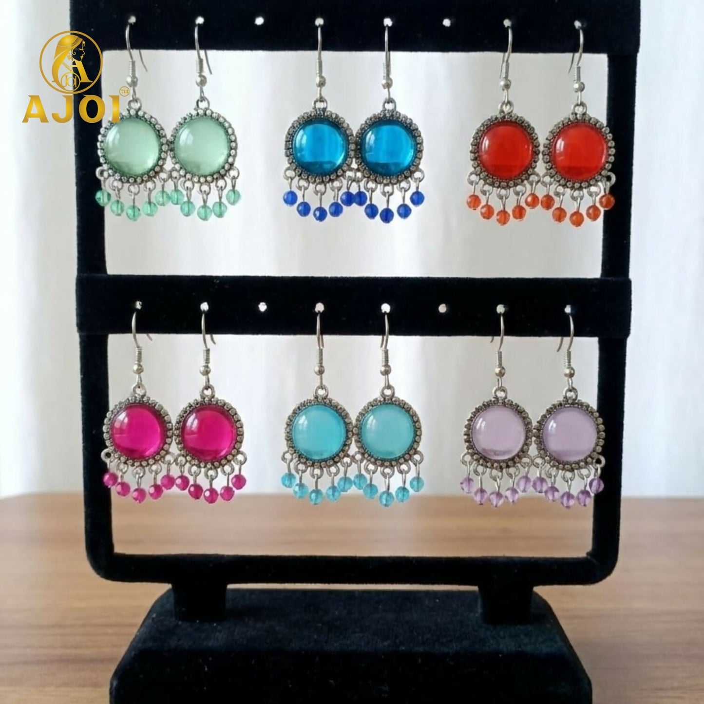 Oxidized Silver Multicolor Stone Drop Earrings with Beaded Fringe