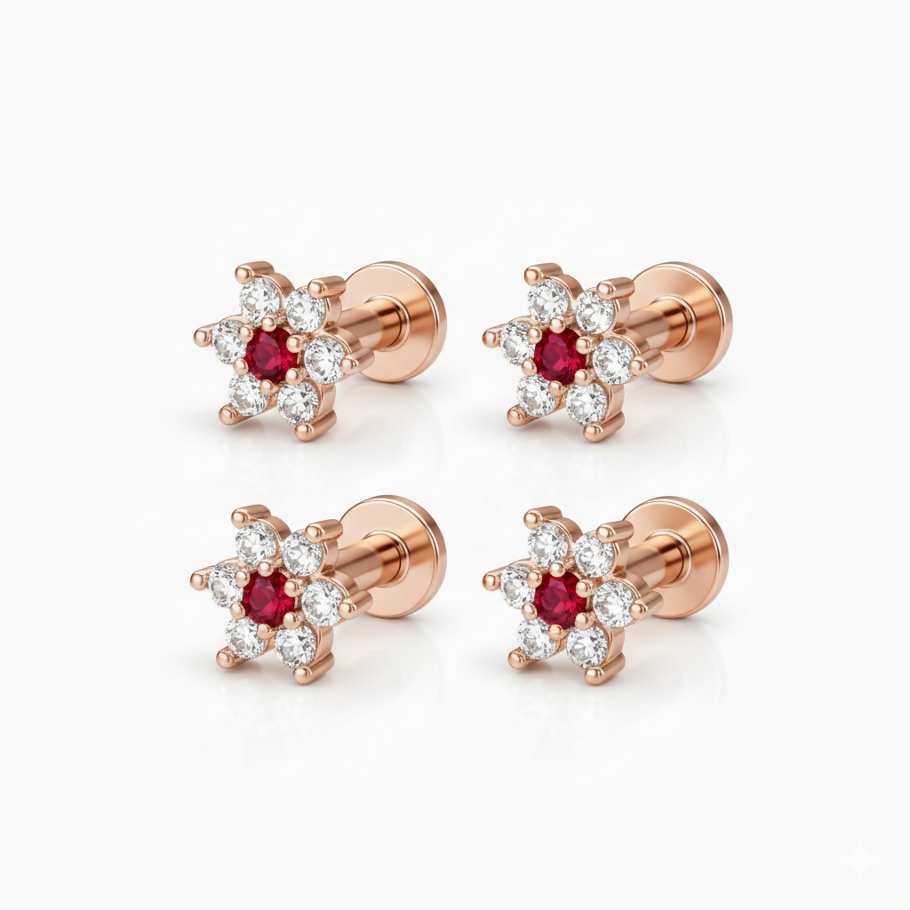 Side angle of rose gold flower nosepin stud highlighting its profile and setting