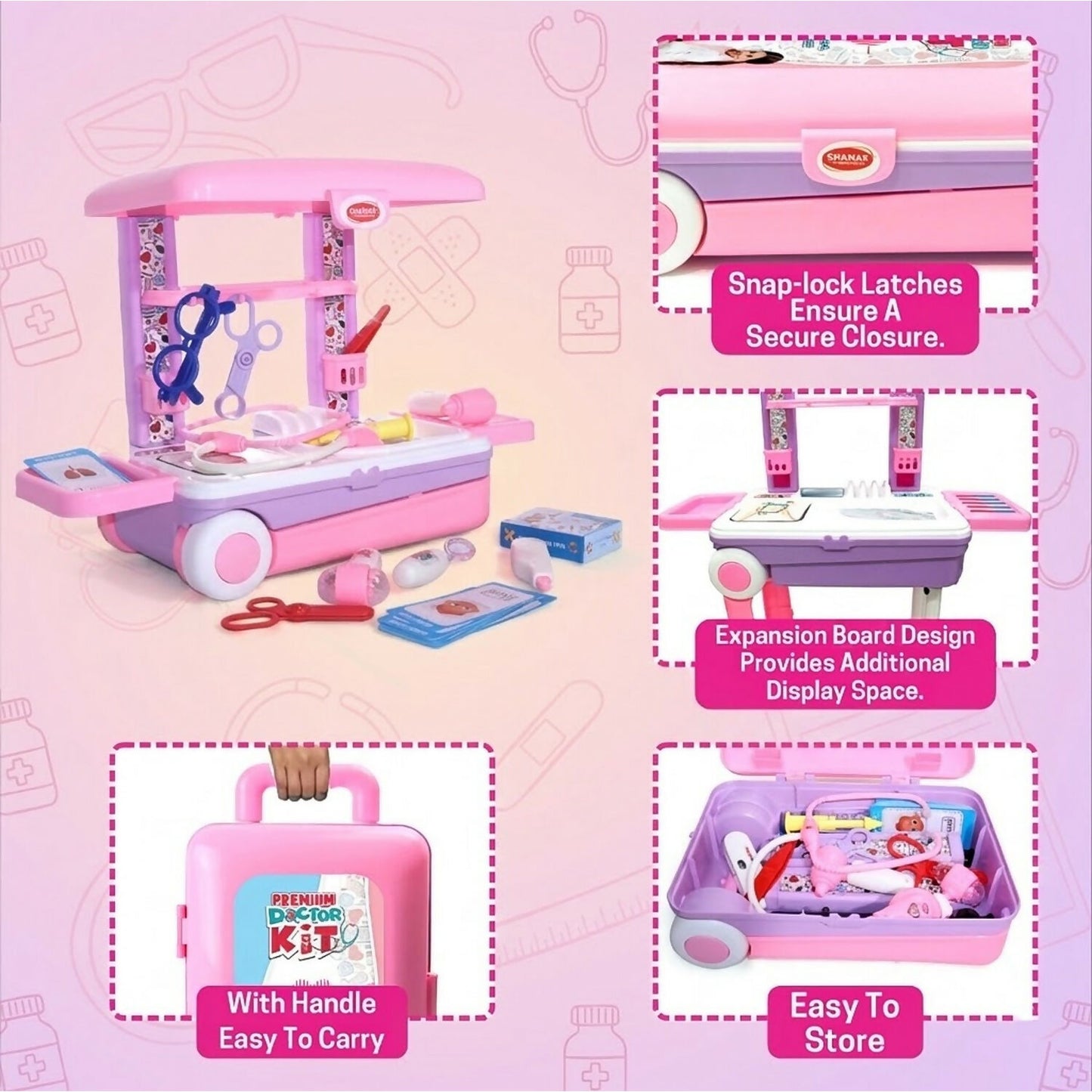 Premium Doctor Set with Pull & Push Trolley for Kids,Doctor Set with LED Light Instruments, 13 Piece Doctor Kit, BIS Approved (Pink)