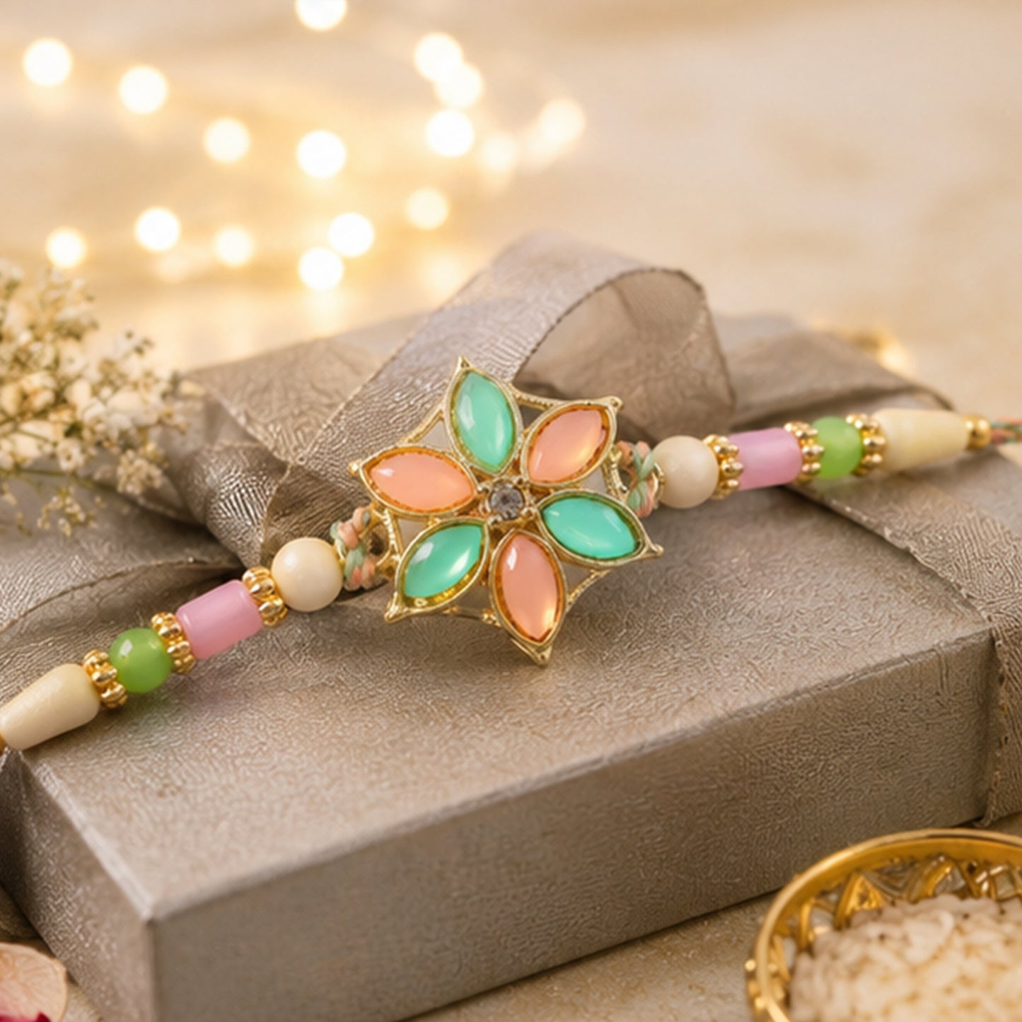 Multicolor Floral Enamel Pendant Rakhi with Pastel Beads