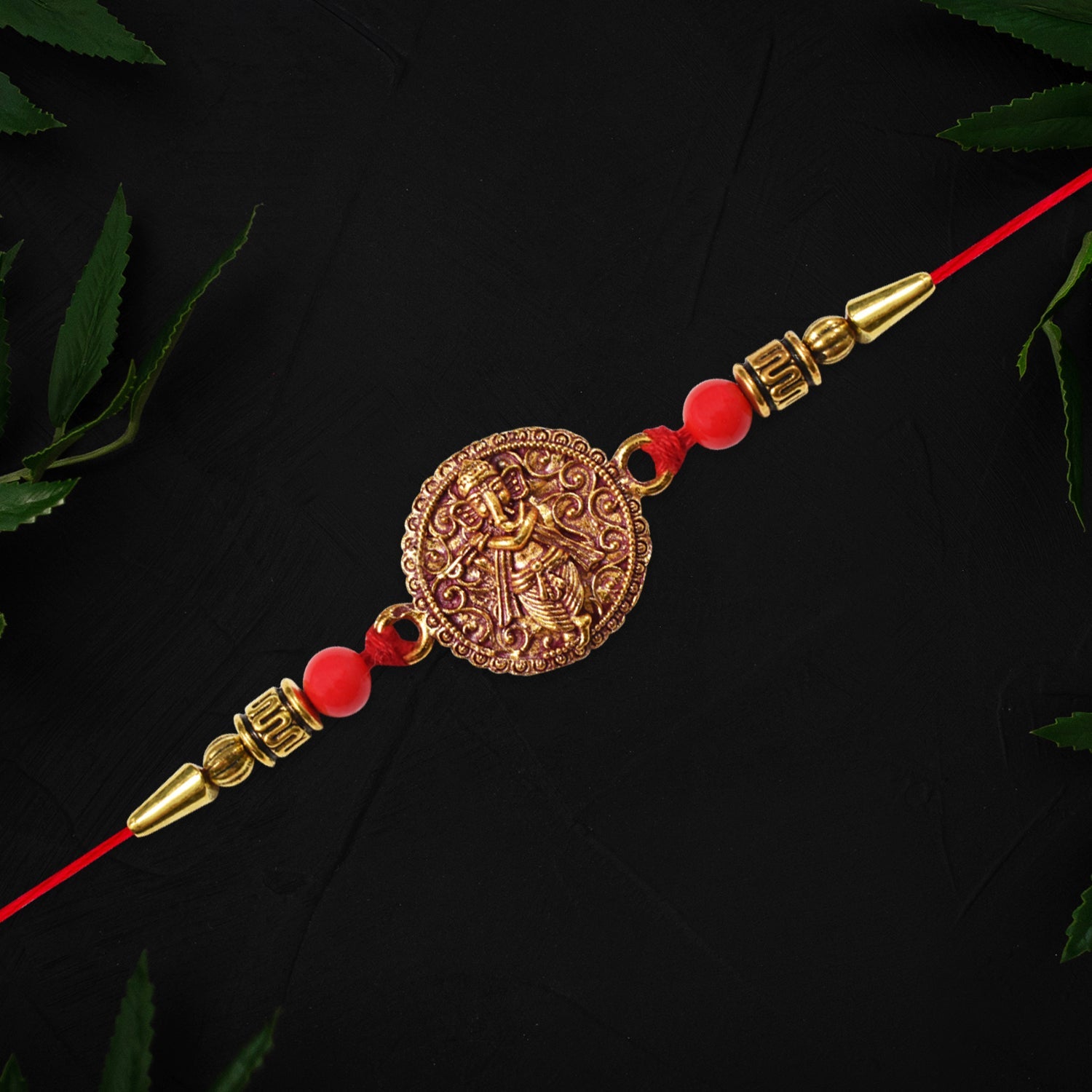 Ganesha Coin Rakhi Antique Design with Vibrant Red Beads (5pcs)