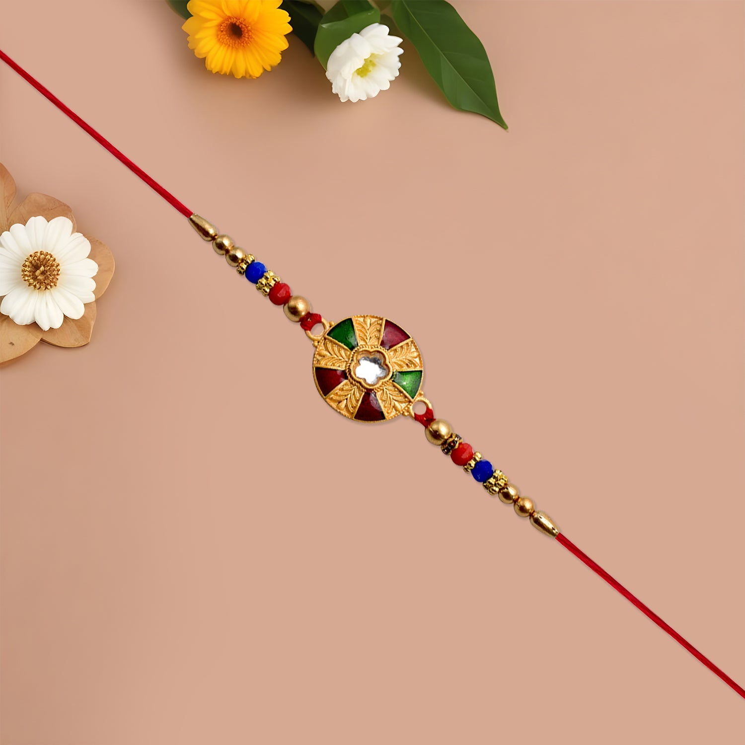 Multicolor Kundan Rakhi Golden Floral Design with Beaded Red Thread (5pcs)