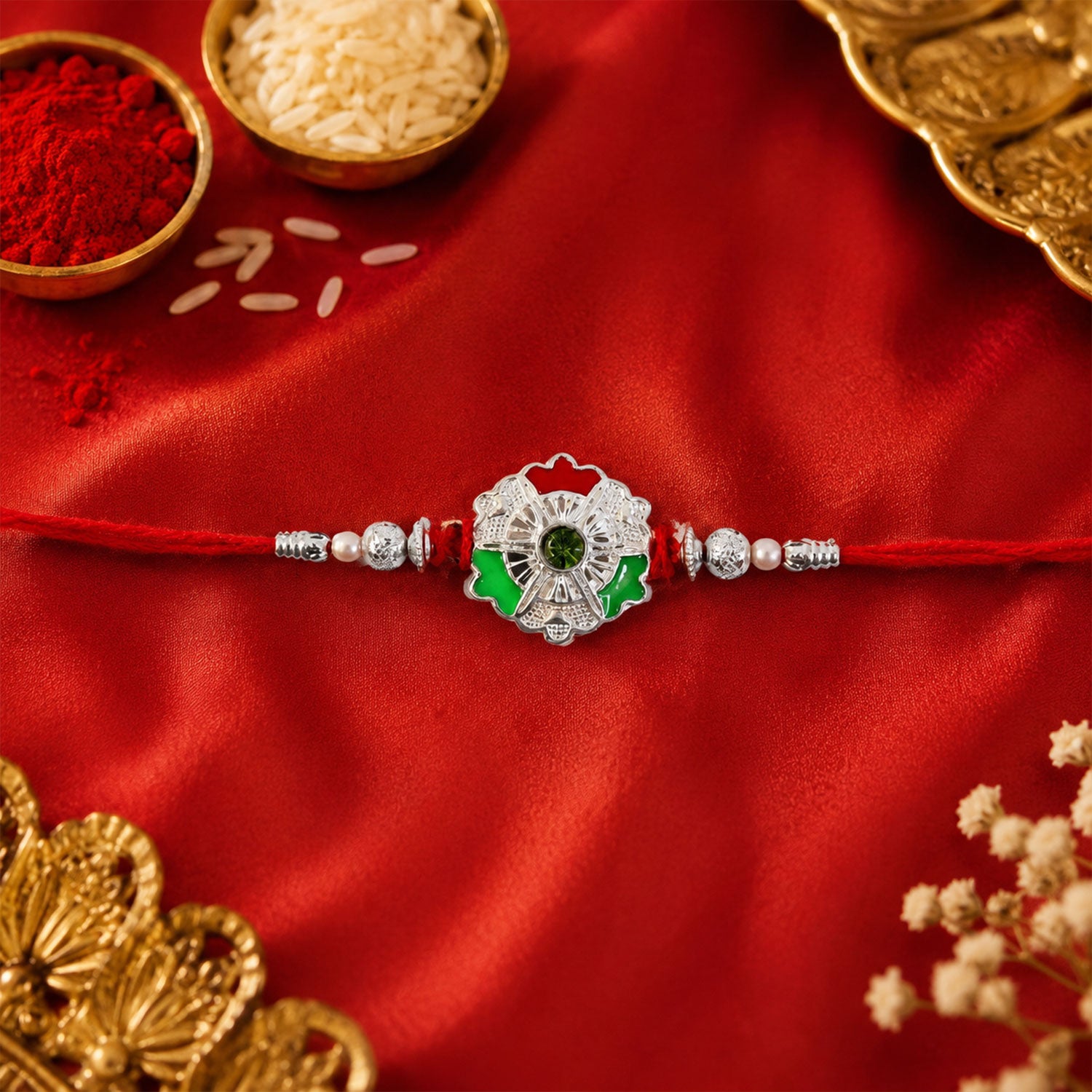 Green White Flower Rakhi with Silver Beads and Red Thread