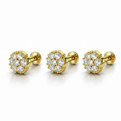 Flat back gold plated cluster flower stud earring side view highlighting screw-on closure