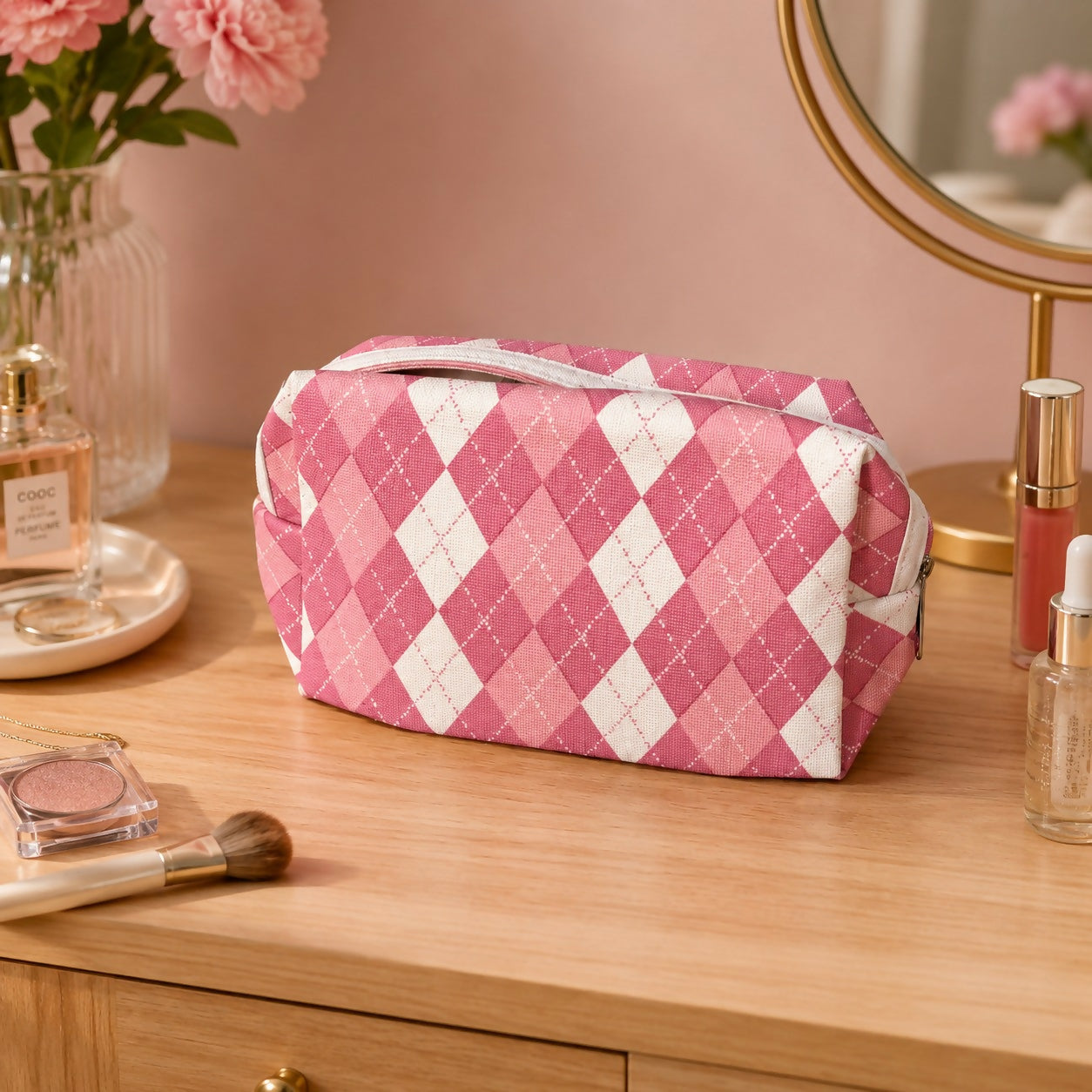 Open travel cosmetic organizer pouch showing compartments