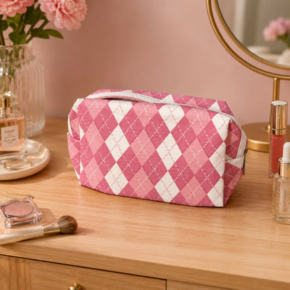 Open travel cosmetic organizer pouch showing compartments
