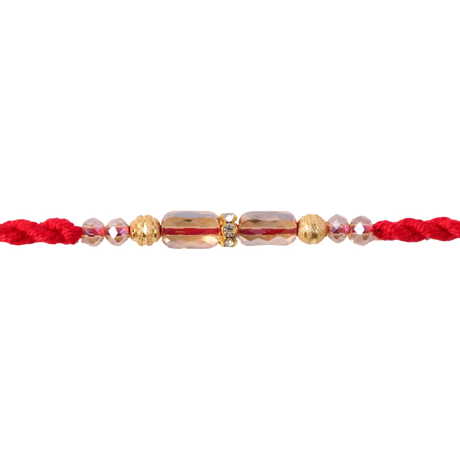 Red Thread Rakhi with Crystal Bead Pendant and Golden Bead Accents