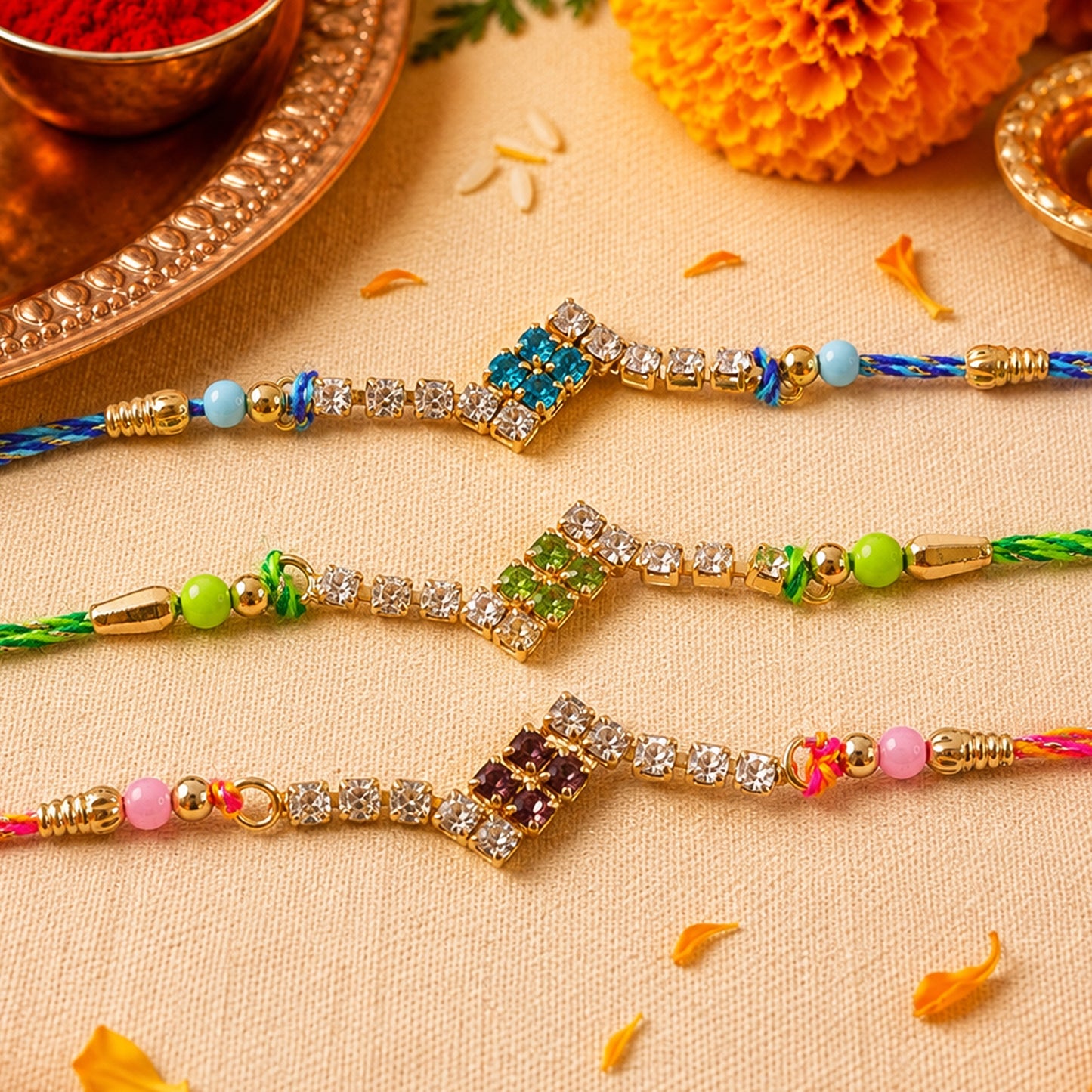 Angular Diamond Motif Rakhi with Shimmering Stones (Pack of 6)