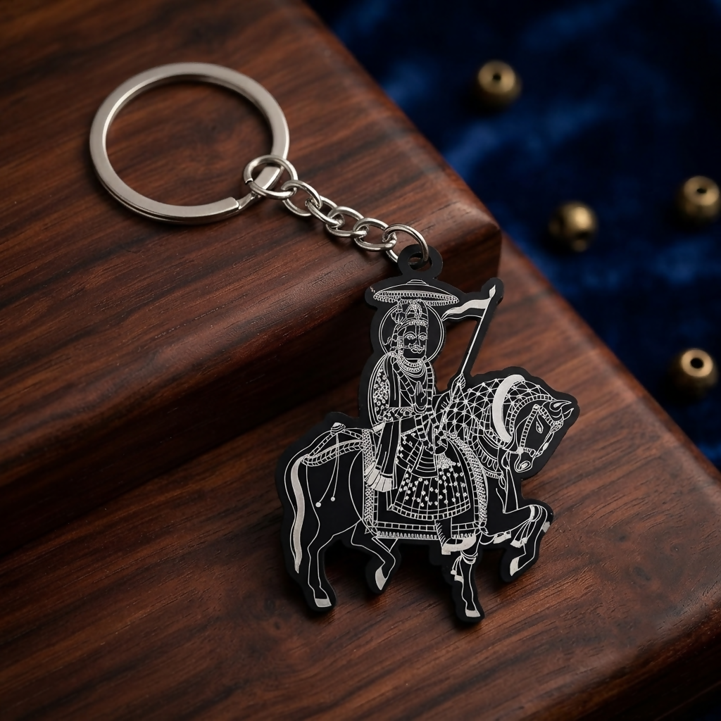 Traditional horse rider keychain with flag motif on a plain white surface