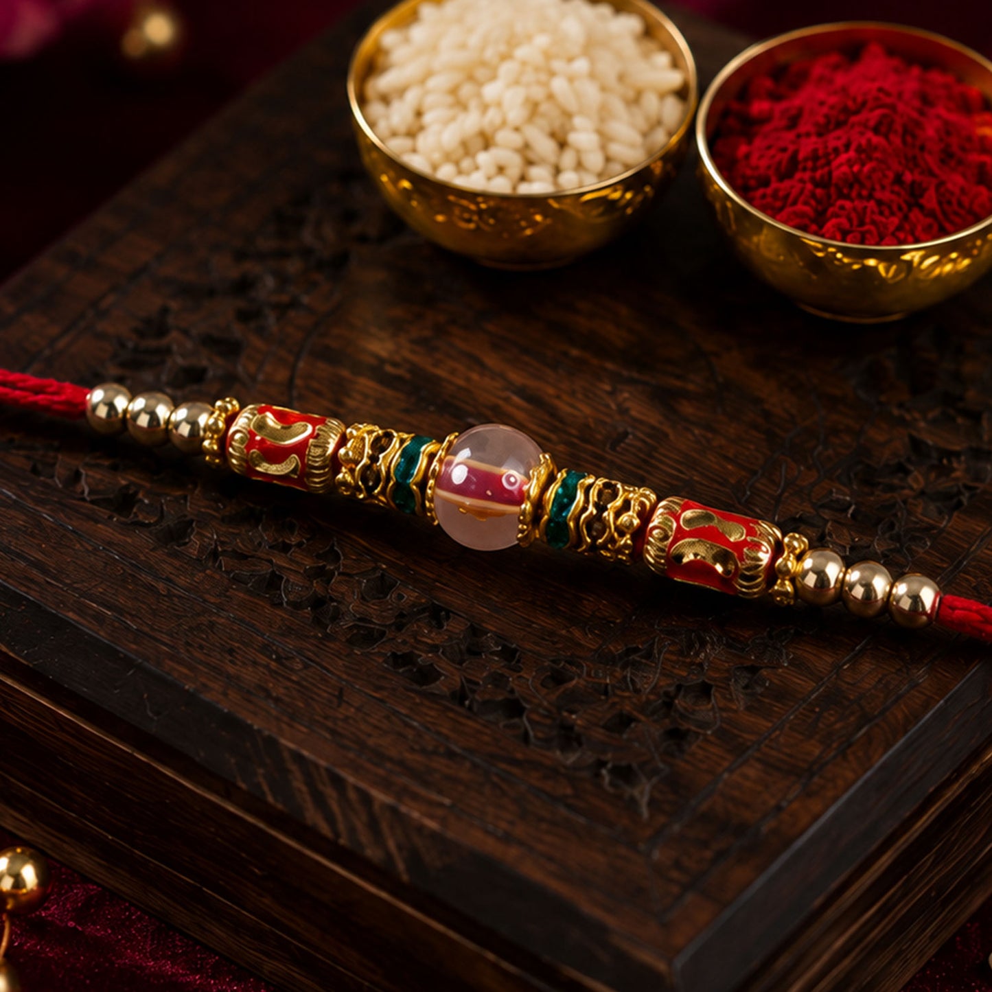 Red Green Stone Golden Designer Rakhi with Traditional Beads and Festive Thread