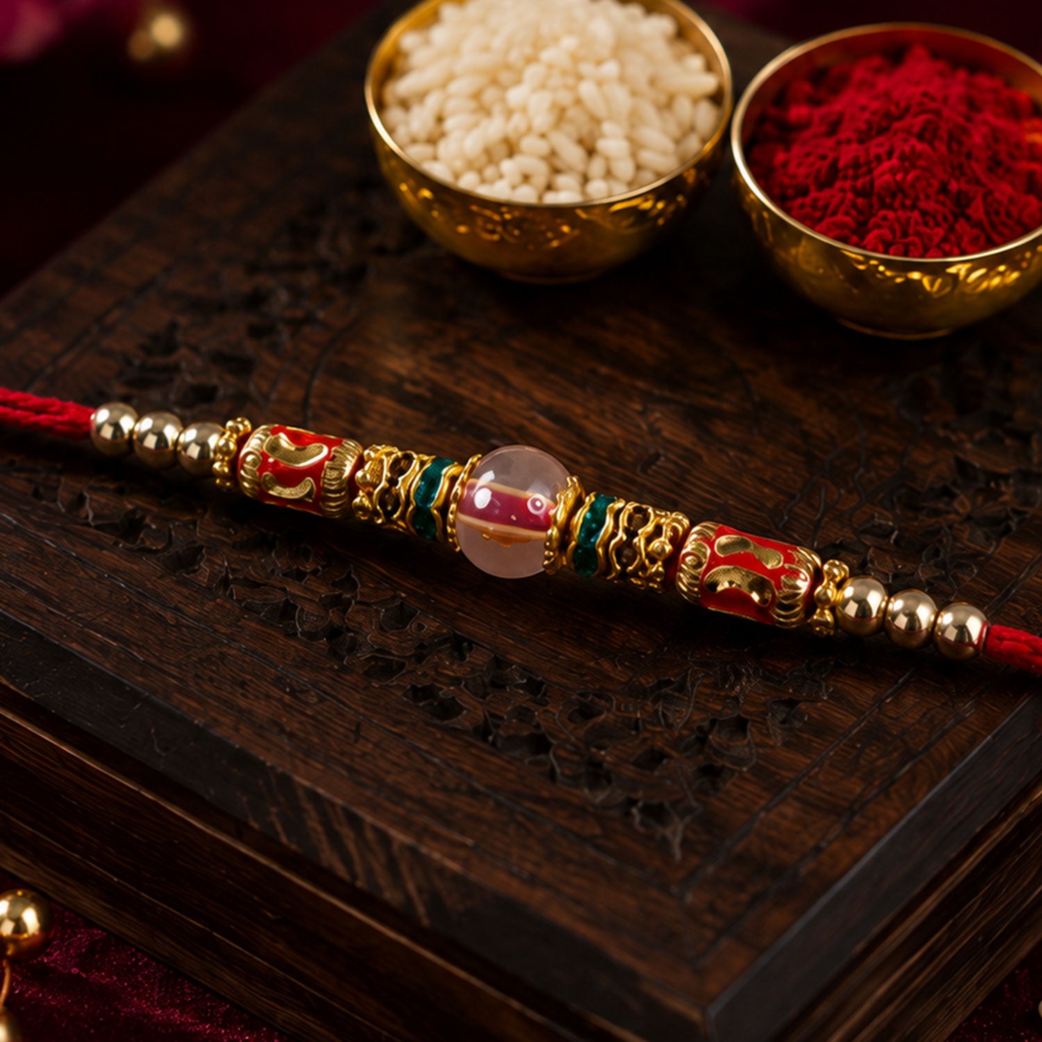 Red Green Stone Golden Designer Rakhi with Traditional Beads and Festive Thread