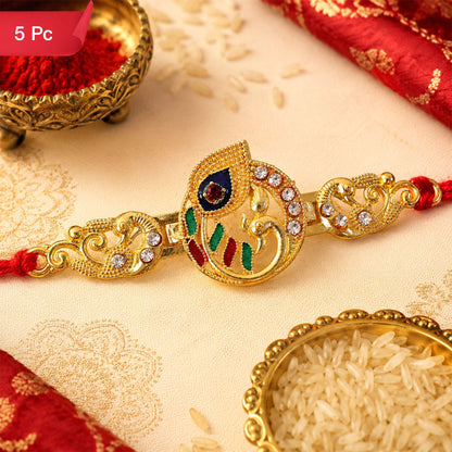 Krishna Flute Rakhi Golden Enamel Red Thread for Raksha Bandhan (5pcs)