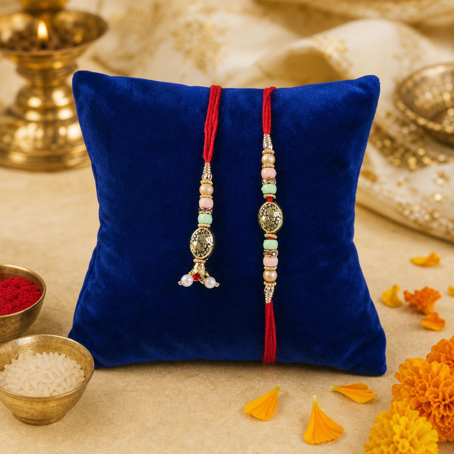 Divine Circular Medallion Bhai Bhabhi Rakhi with Oval Charm and Bead Accents for Gift