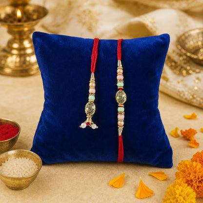 Divine Circular Medallion Bhai Bhabhi Rakhi with Oval Charm and Bead Accents for Gift