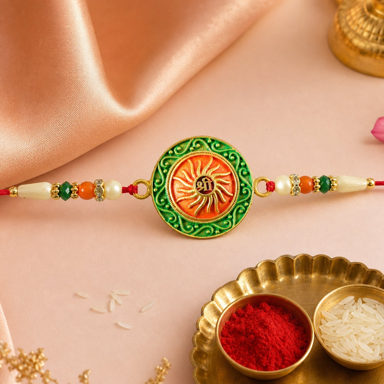 Round Shree Motif Designer Rakhi with Beaded Festive Detailing Work (5pcs)