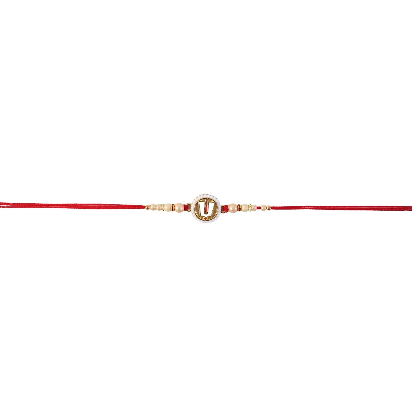 A red devotional thread with a central white and gold charm, adorned with small pearls and beads, is centered against a